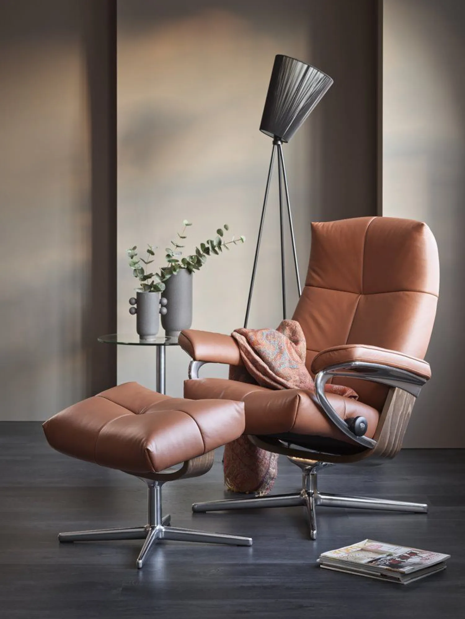 Leren Fauteuils|Relaxfauteuils-Stressless David Relaxfauteuil + Hocker Dark Mushroom