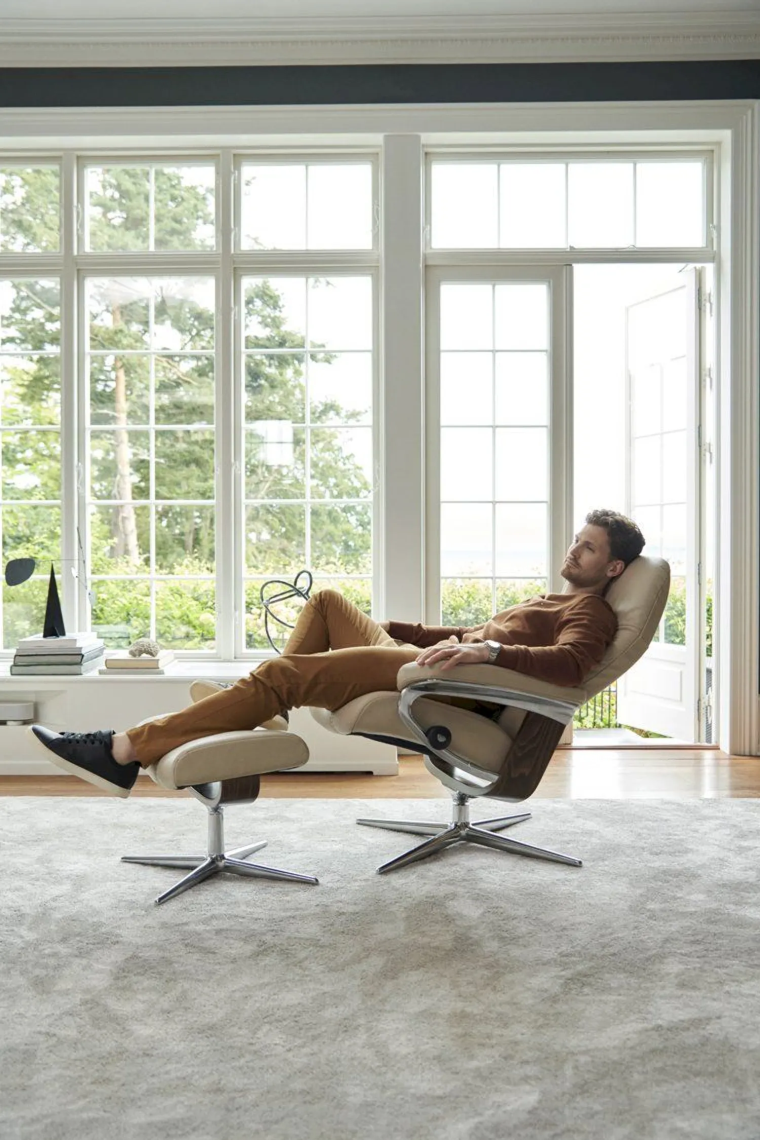 Leren Fauteuils|Relaxfauteuils-Stressless Erik M Relaxfauteuil + Hocker Cognac