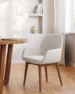 Eetkamerstoelen Met Armleuning-Kave Home Konna Essenhout Eetkamerstoel Creme, Donkerbruin