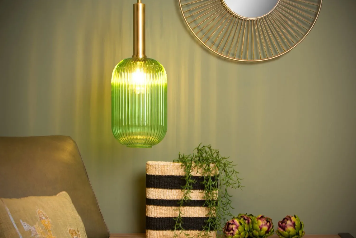 Glazen Hanglampen|Glazen Hanglampen-Lucide Maloto Hanglamp Groen