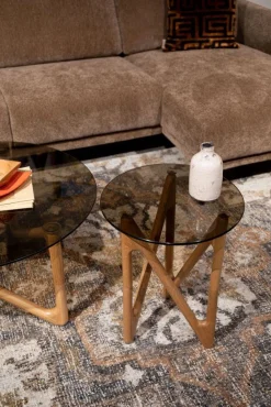 Glazen Bijzettafels|Ronde Bijzettafels-Dutchbone Naia Bijzettafel Walnut