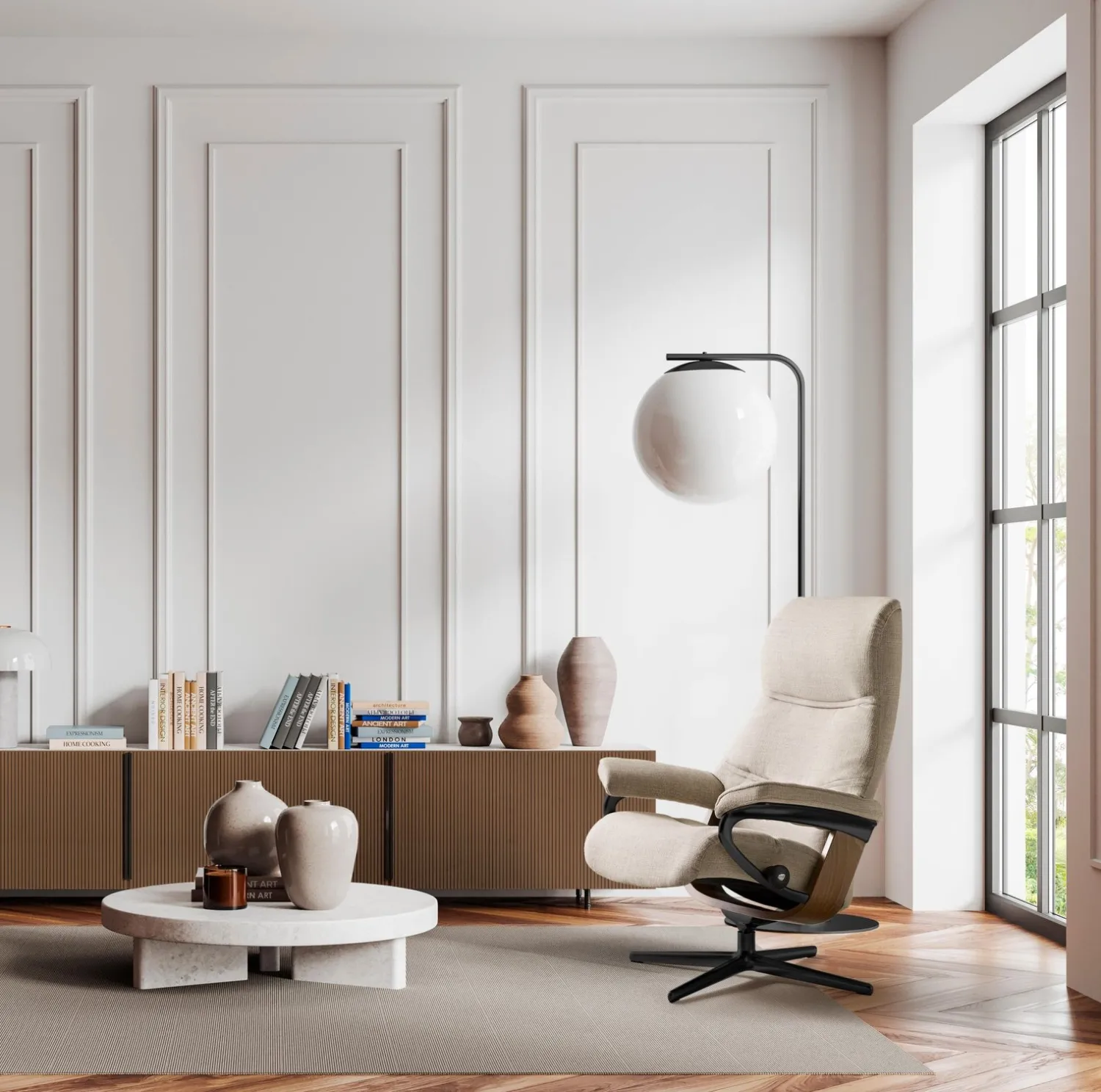 Relaxfauteuils-Stressless Philip M Relaxfauteuil + Hocker Greige