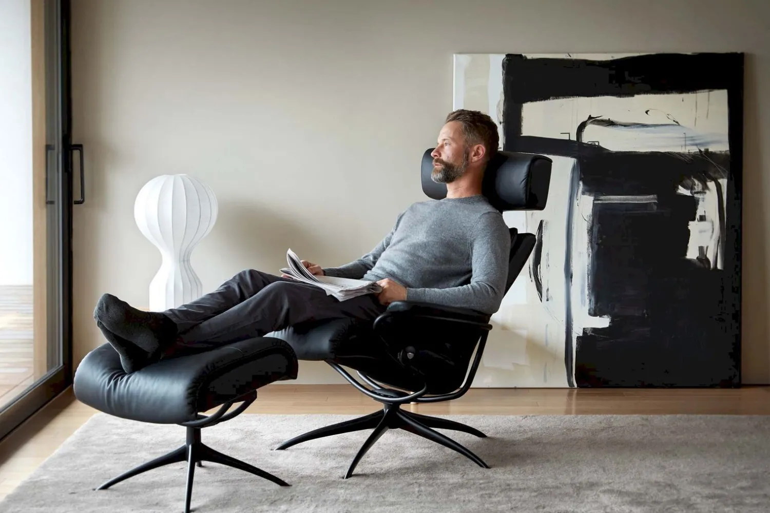 Leren Fauteuils|Draaifauteuils-Stressless Tokyo Low Relaxfauteuil + Hocker Black